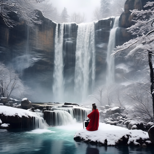 一个古代诗人在下大雪的瀑布前写诗，